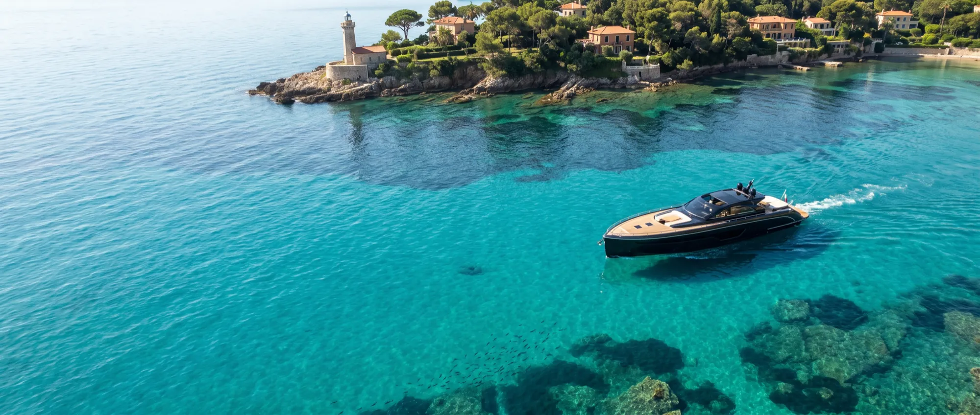A dark-hulled day yacht cruising a turquoise bay near Cap Ferrat in morning light.