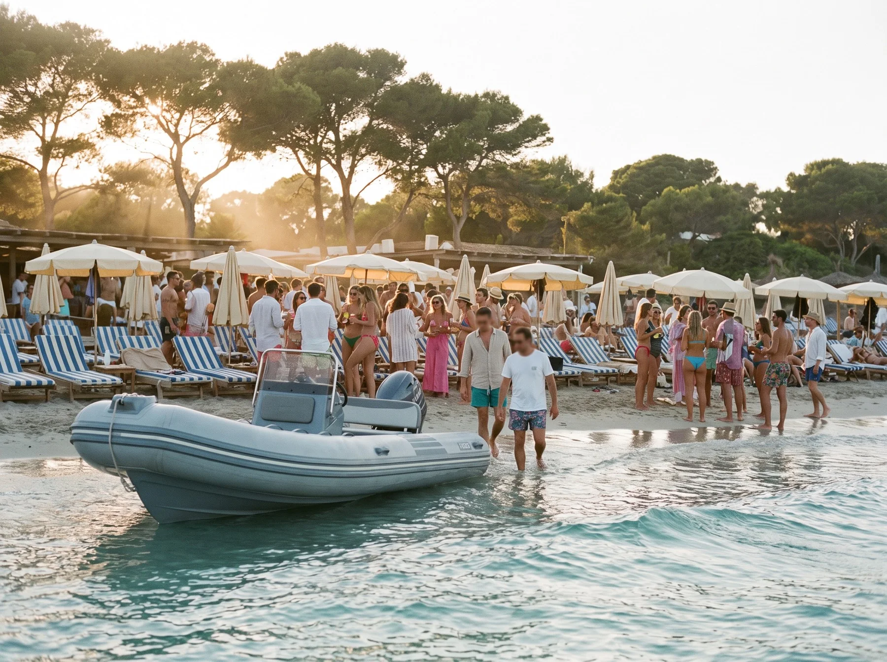 A Riviera beach club in full swing at golden hour, guests dancing on the sand with champagne under string lights.