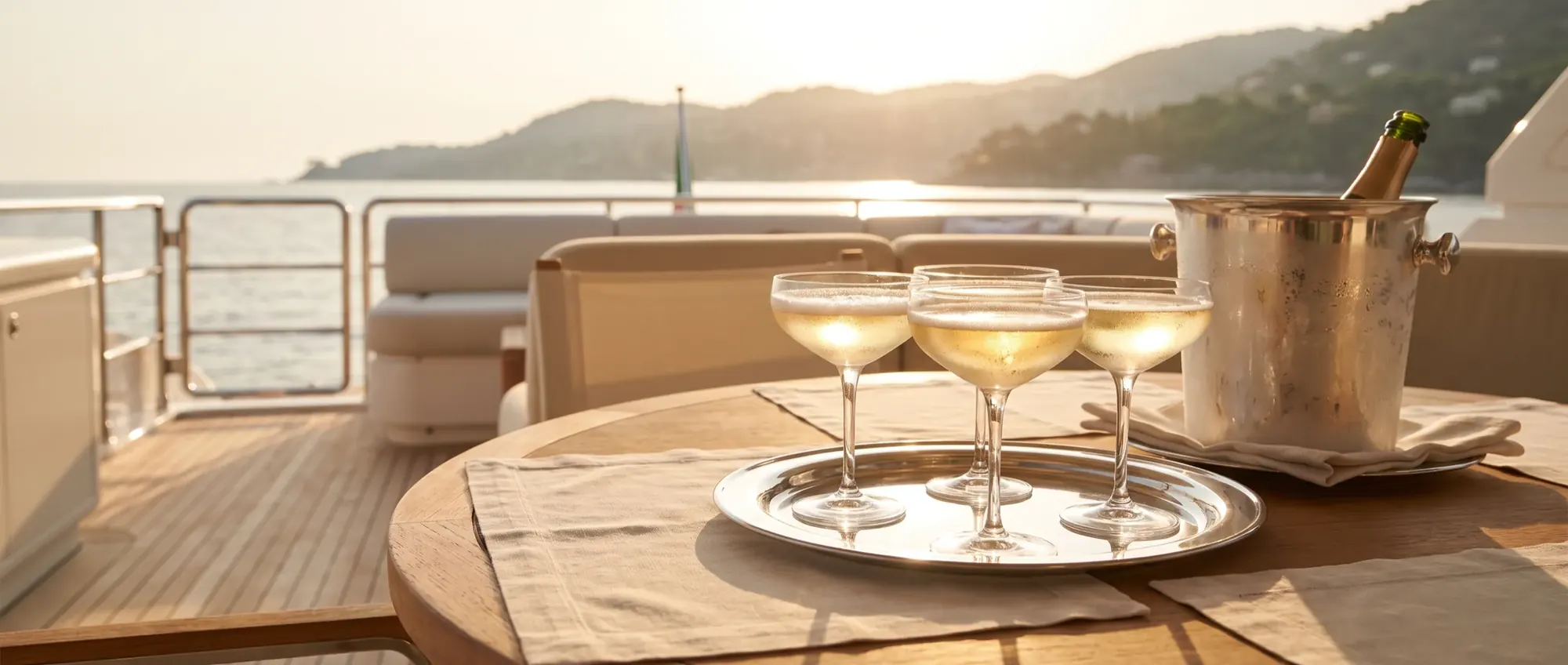 Champagne coupes on the aft deck of a day yacht at golden hour.