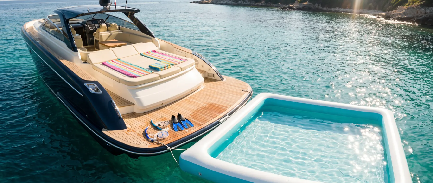 Snorkeling gear and towels laid out beside the bathing platform of a day yacht.