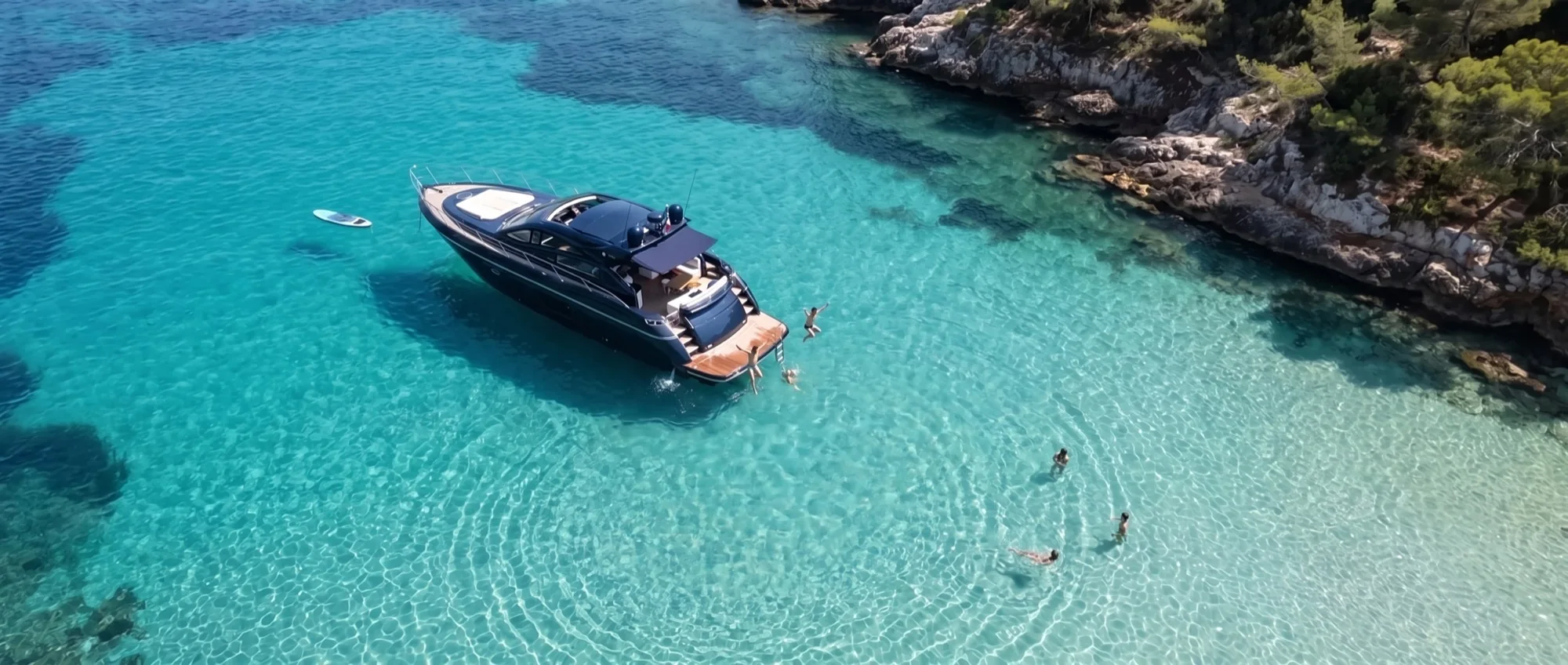 Un day boat au mouillage dans une crique claire, vu du ciel : des invités se baignent et l’un saute de la plateforme.