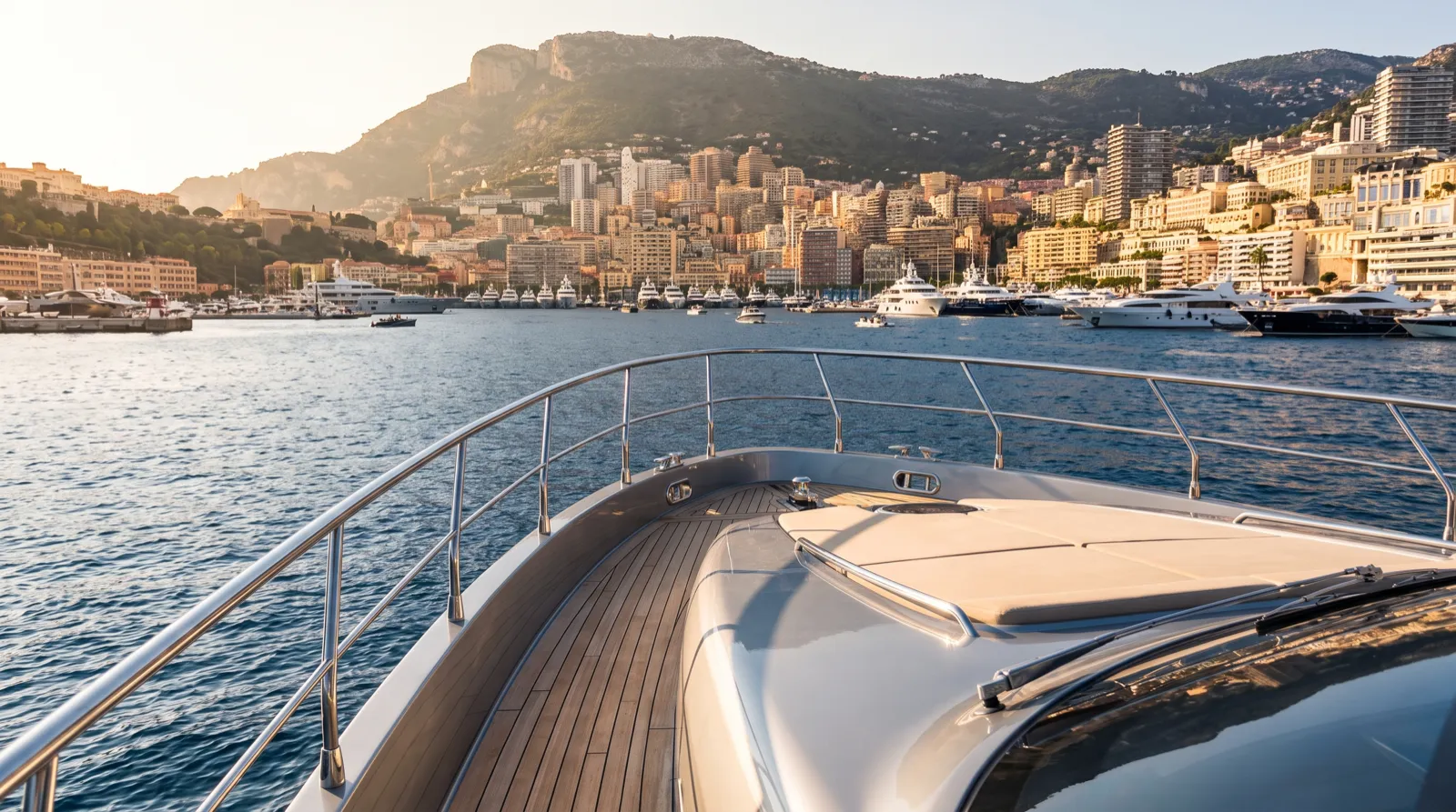 The Monaco waterfront and harbor seen from the sea.