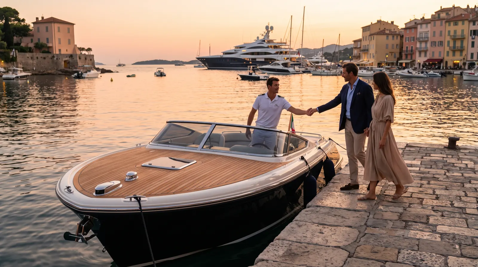 A luxury tender coming alongside a lit quay at dusk.