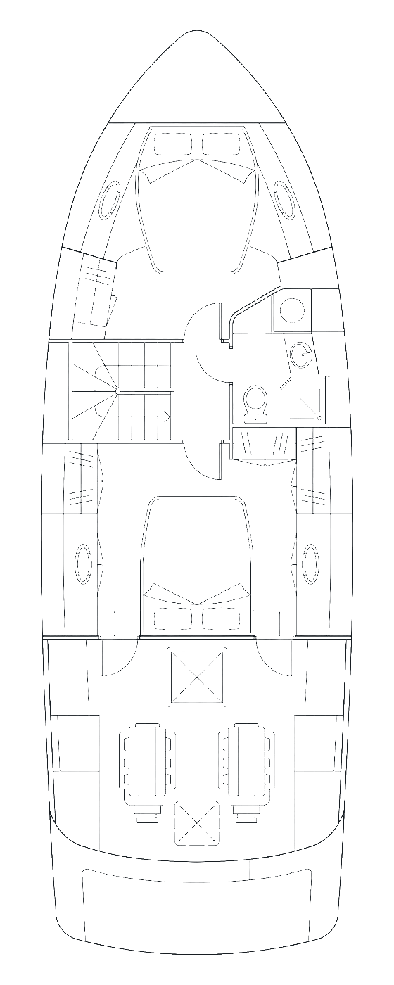 The lower-deck plan of the boat, cabins and shower room marked.
