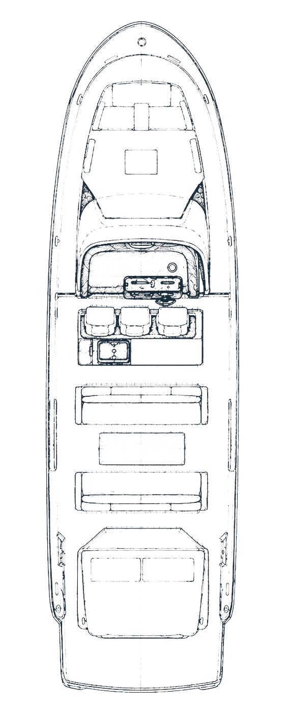 The main-deck plan of the boat, every seat and sunbed marked.