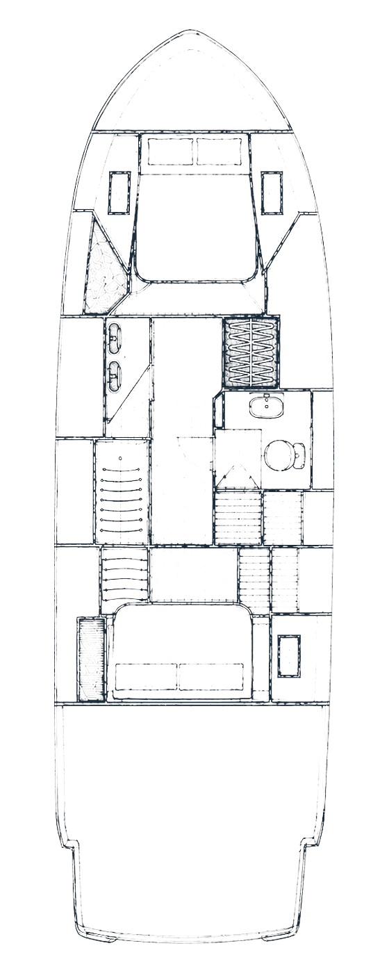 The lower-deck plan of the boat, cabins and shower room marked.