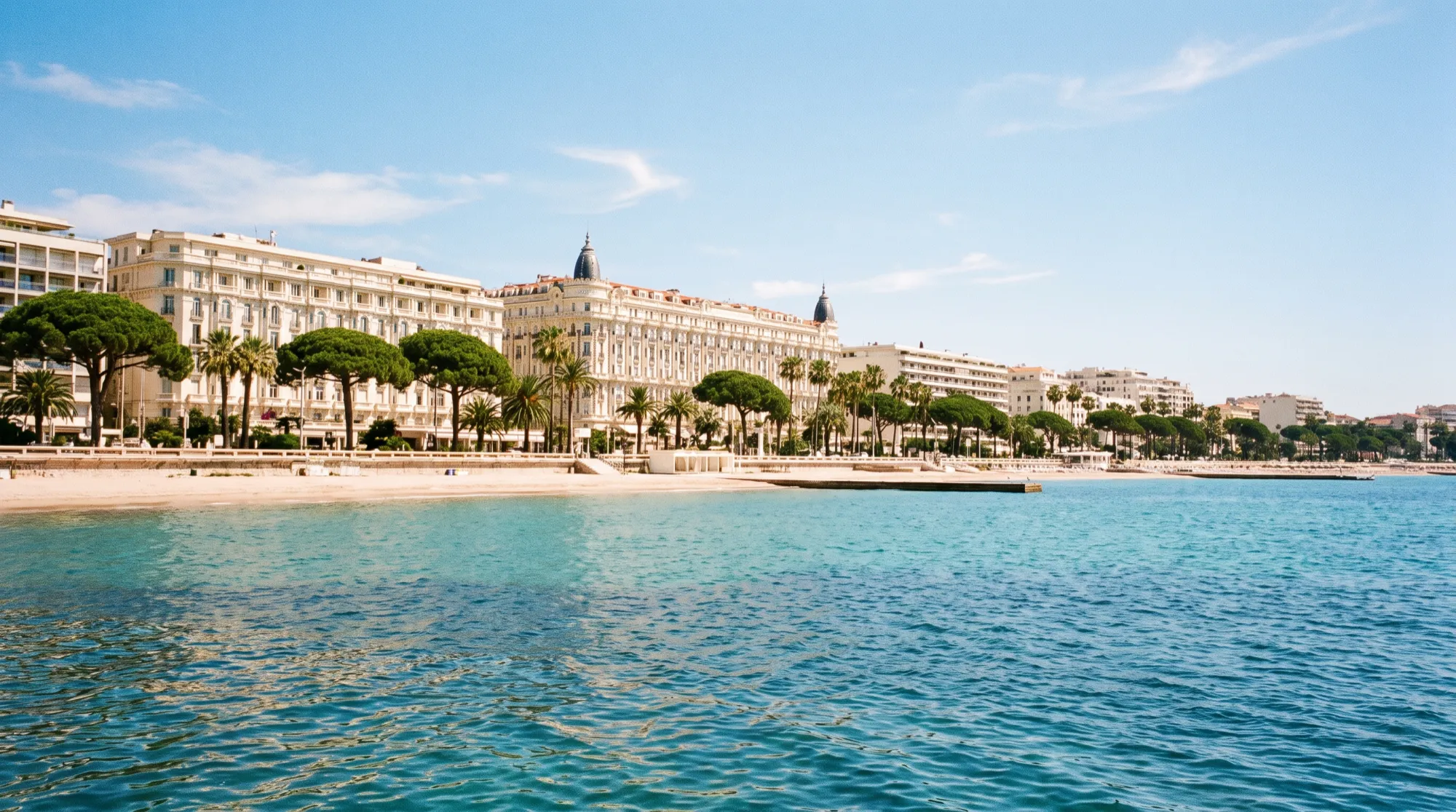 The Cannes seafront from the water, pines and pale hotels along the Croisette.