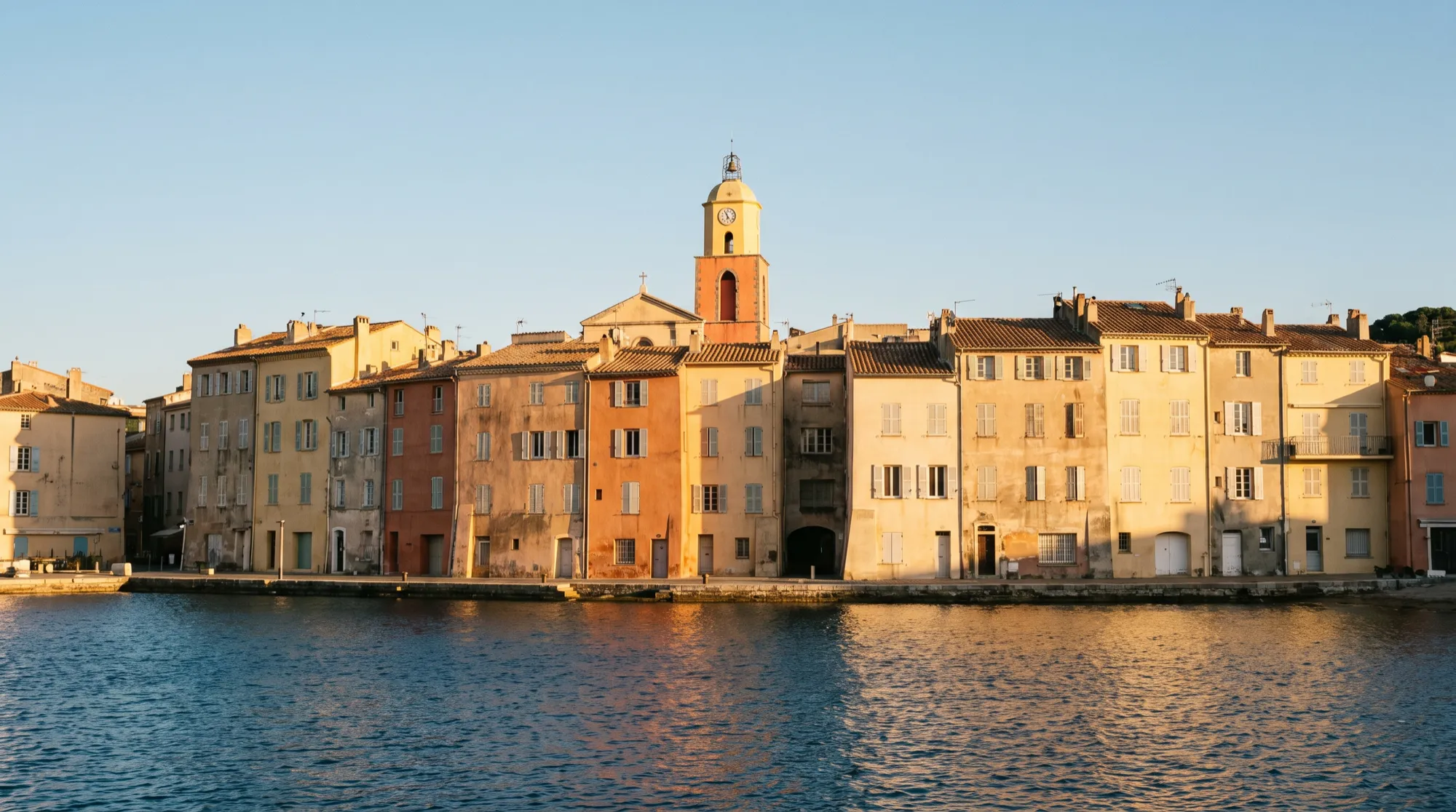 The ochre façades of the old port of Saint-Tropez in late afternoon light.