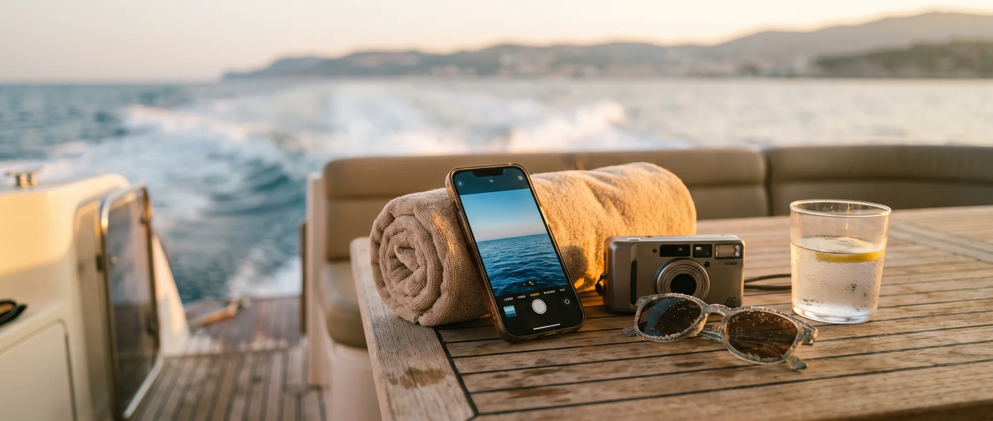 A phone and a camera on the teak table of a boat at the end of a day, the coast soft behind them.