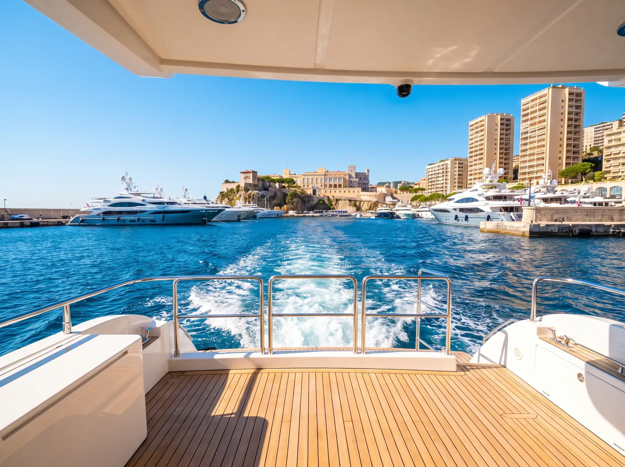 A harbour of large yachts beneath tall blocks and a palace rock.