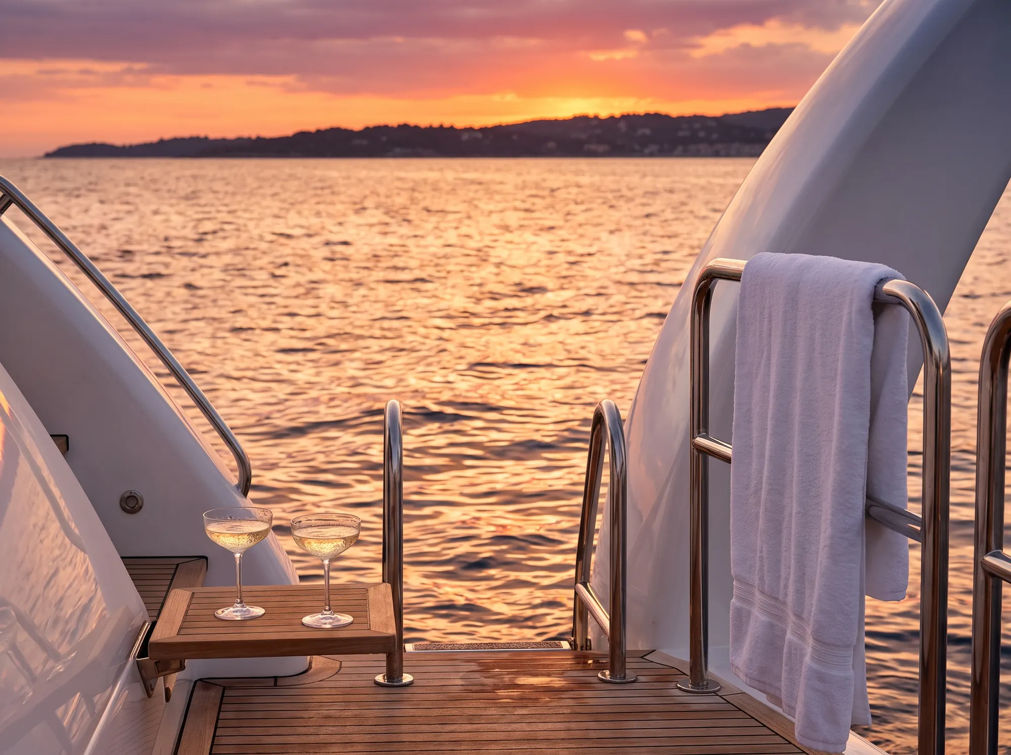 Des invités sur la plateforme de bain d’un bateau de jour au mouillage tandis que le soleil se couche.